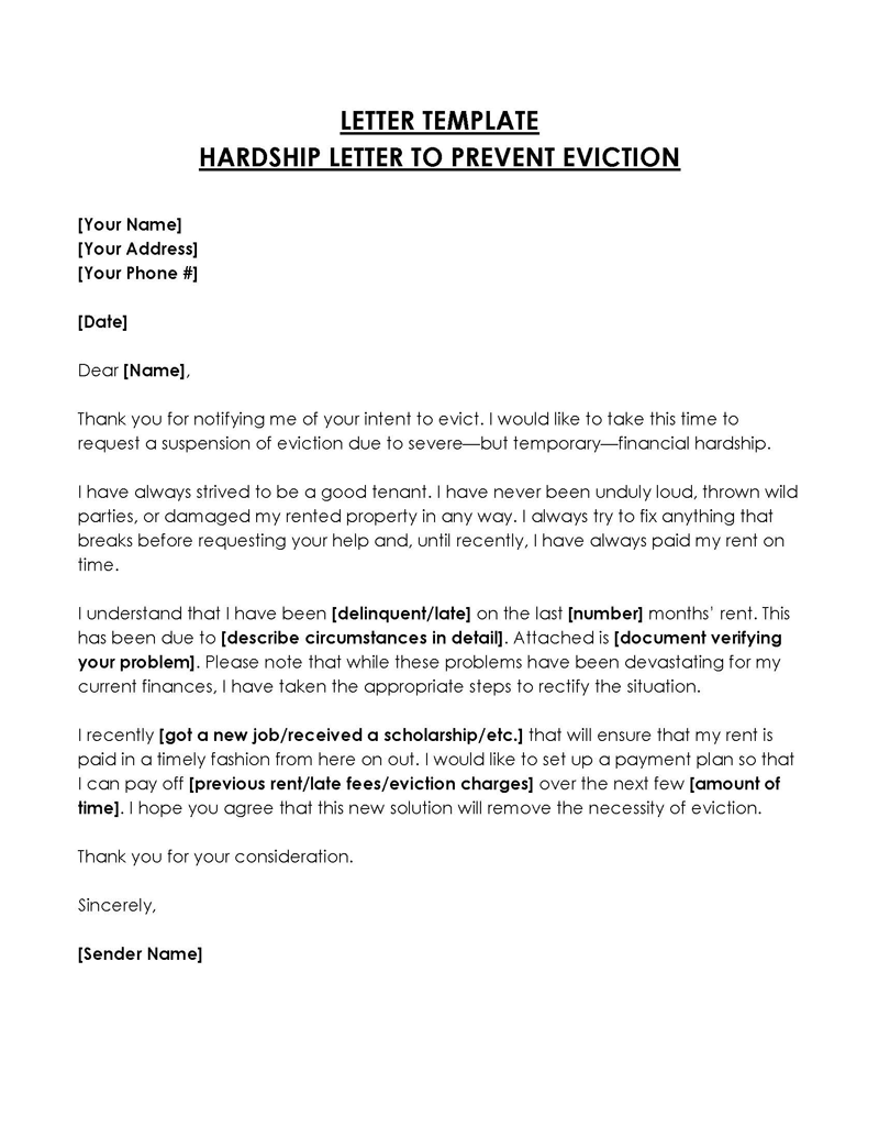 Free Downloadable Hardship Letter to Prevent Eviction Sample in Word Format