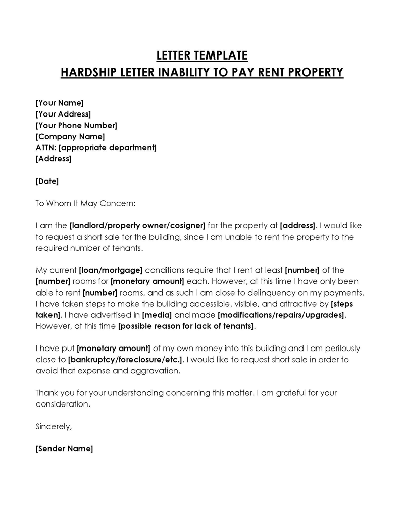 Free Downloadable Hardship Letter Inability to Pay Rent Property Sample in Word Format