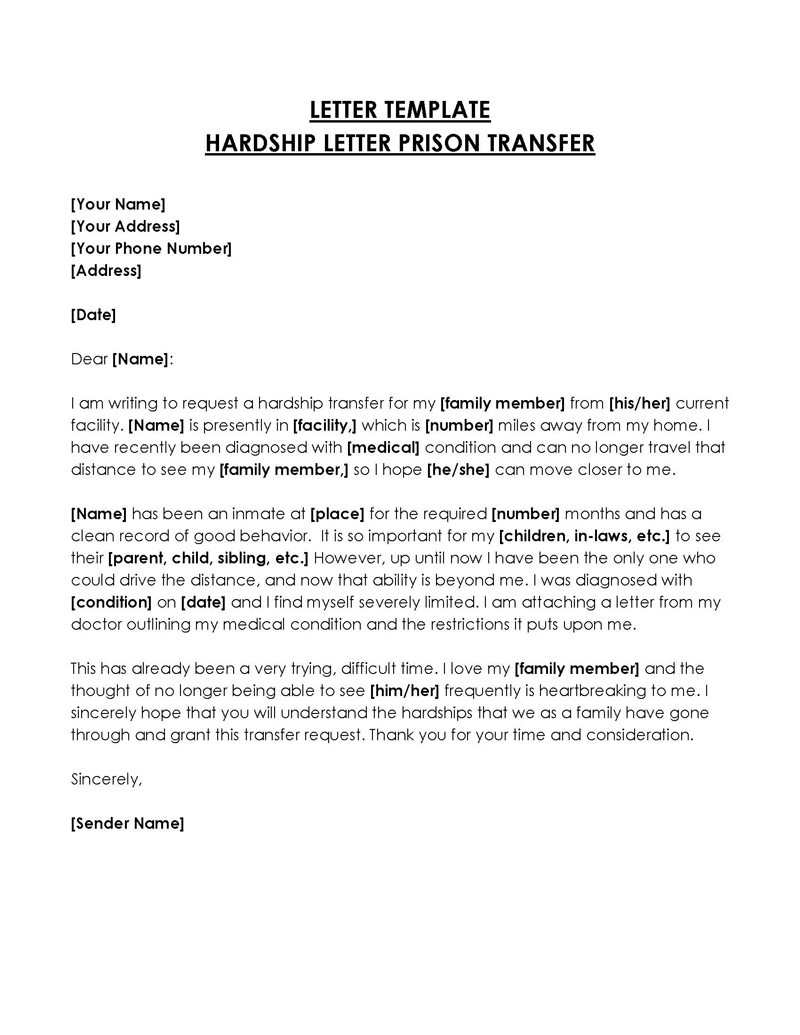 Printable Prison Transfer Hardship Letter Template in Word Format