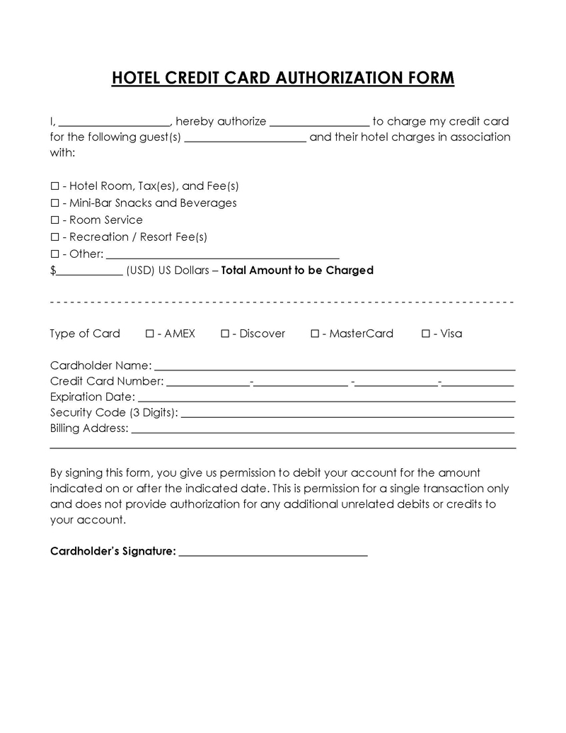 Free Hotel Credit Card Authorization Form Template