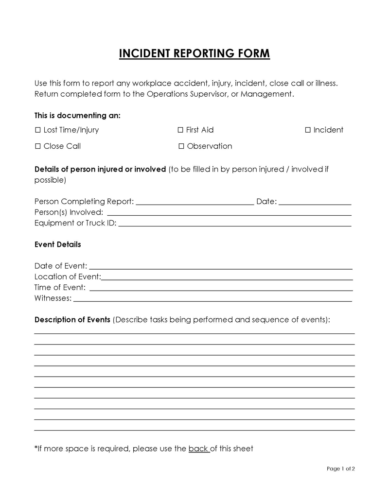 Great Professional Workplace Incident Report Form as Word Form