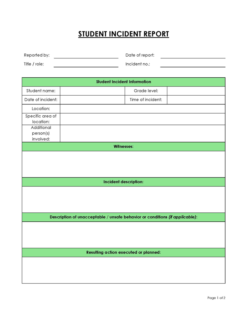 Professional Editable Student Incident Report Form as Word Form
