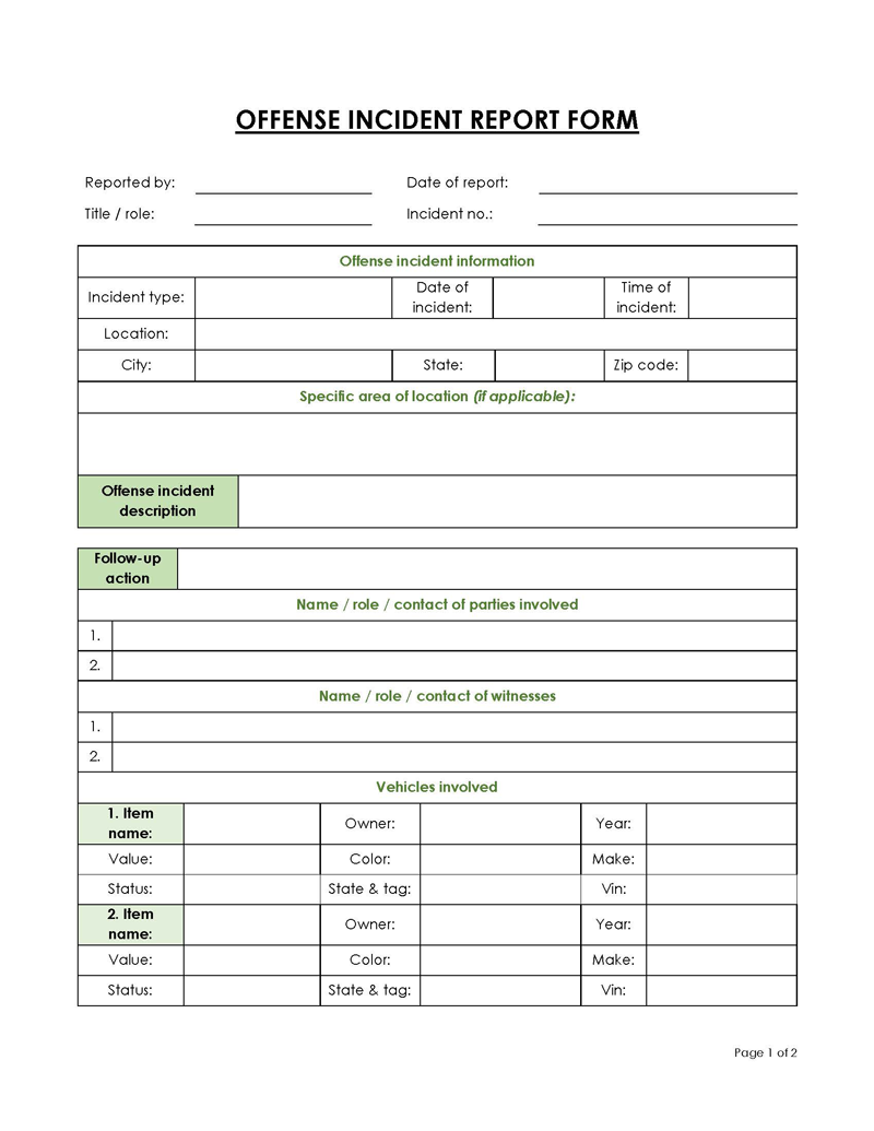 Professional Editable Offence Incident Report Form as Word Form