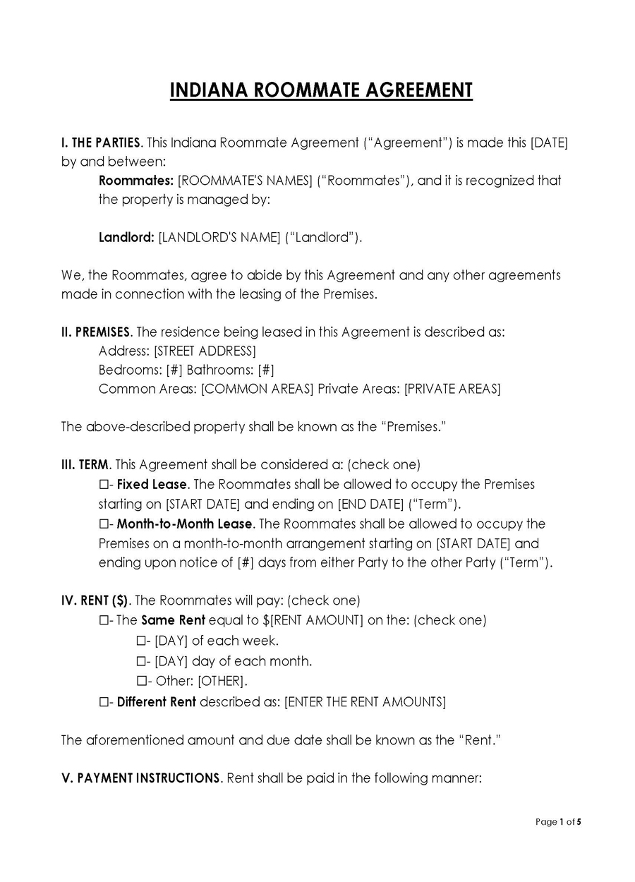 Indiana Roommate Lease Agreement