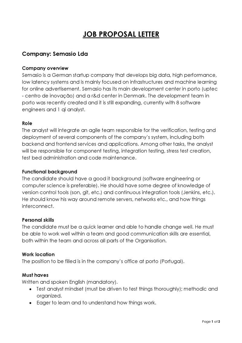 Printable Analyst Job Proposal Template as Word File