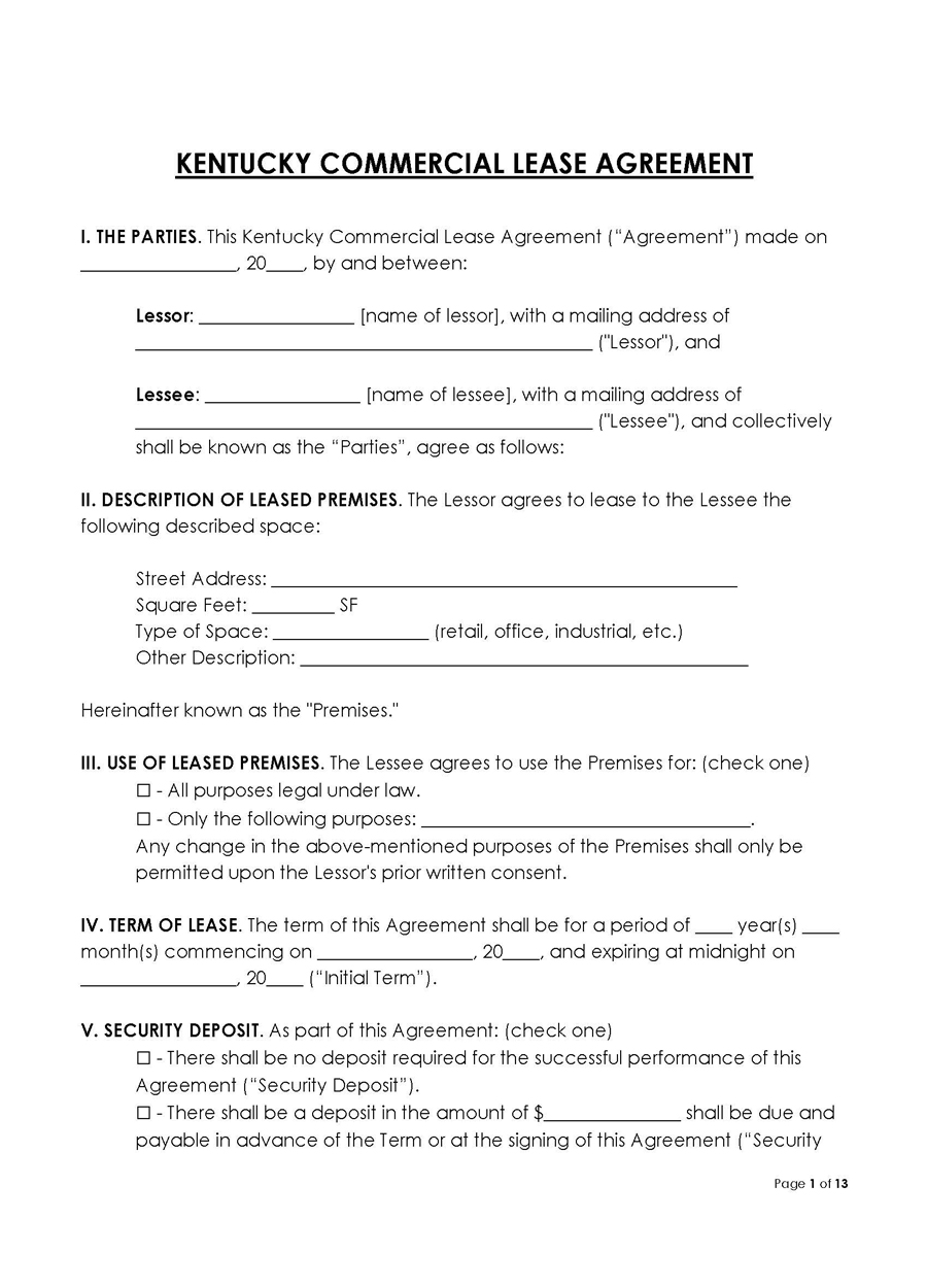 Kentucky Commercial Lease Agreement