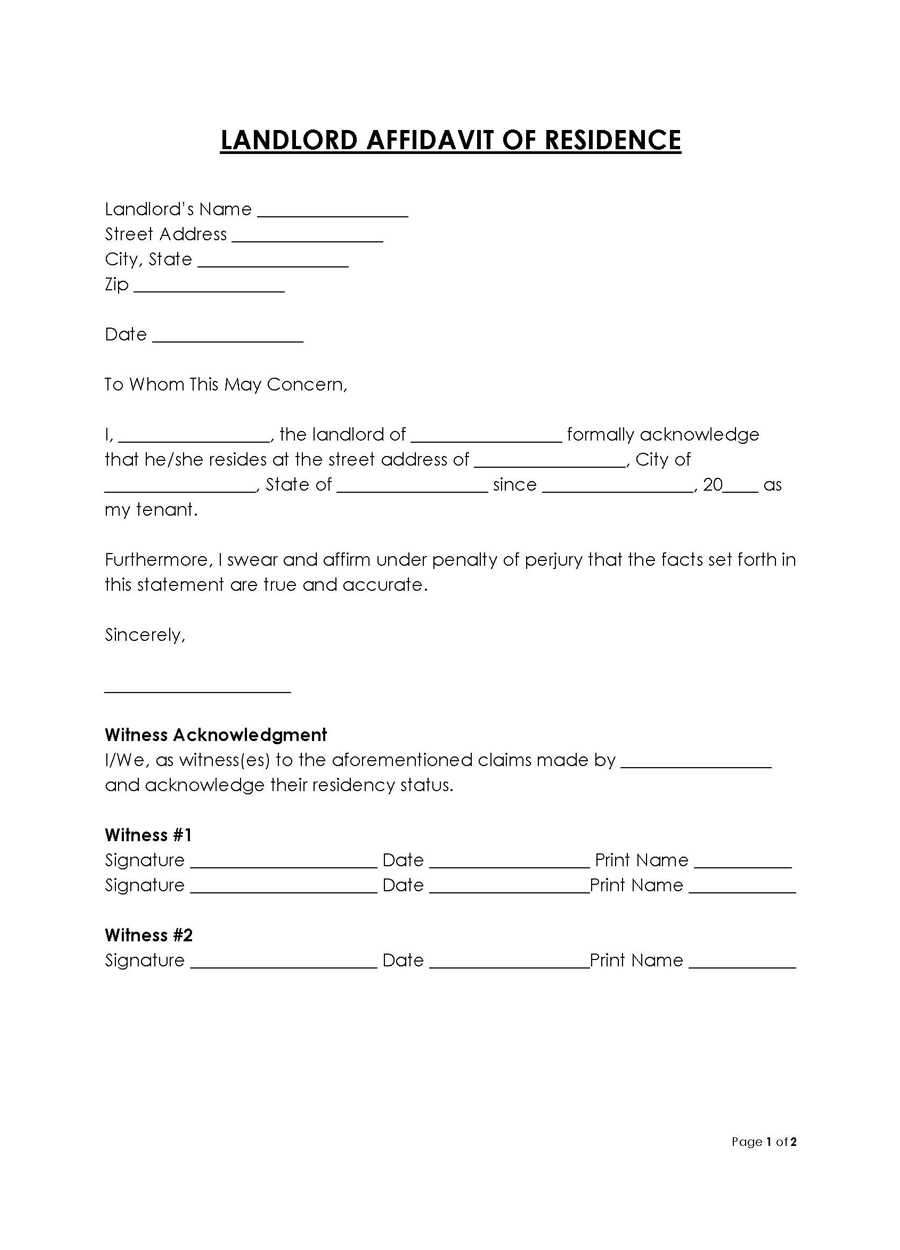 Great Downloadable Landlord Affidavit of Residence Letter Template for Word Document