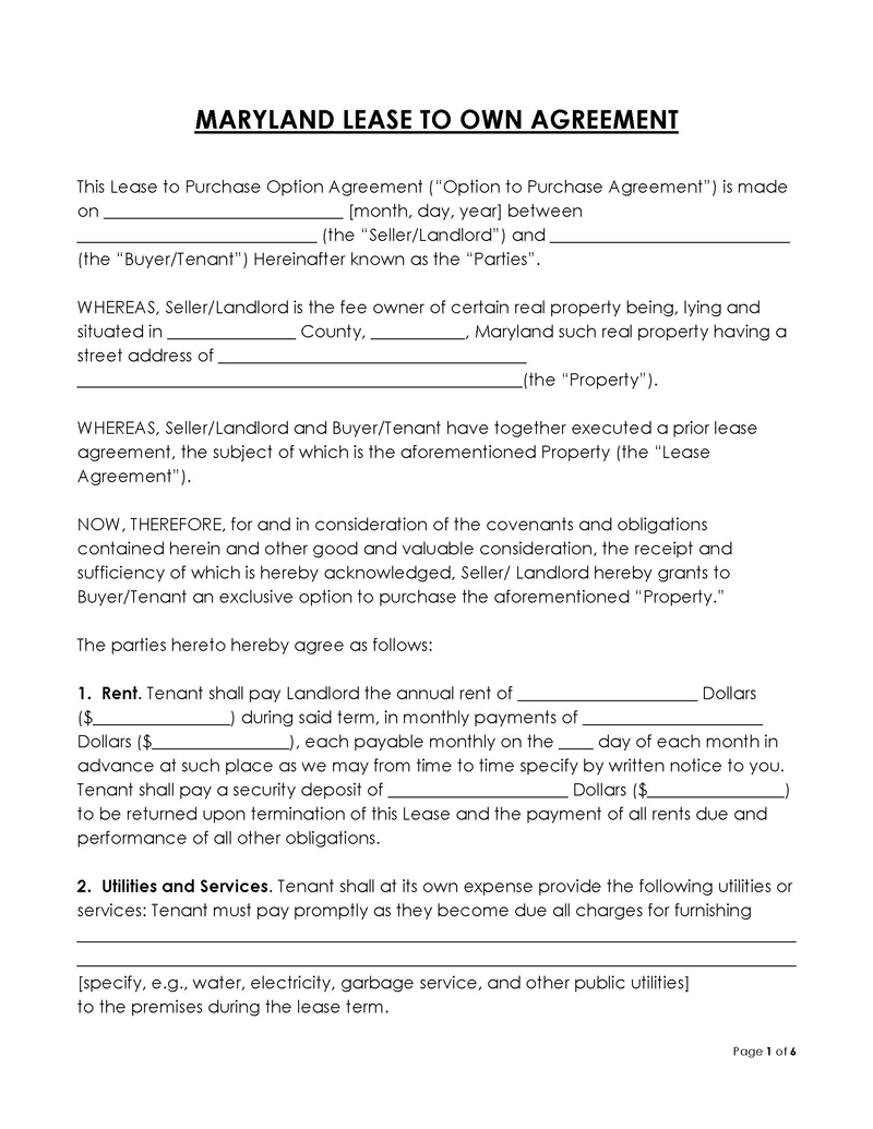 Maryland Rent-to-own lease agreement
