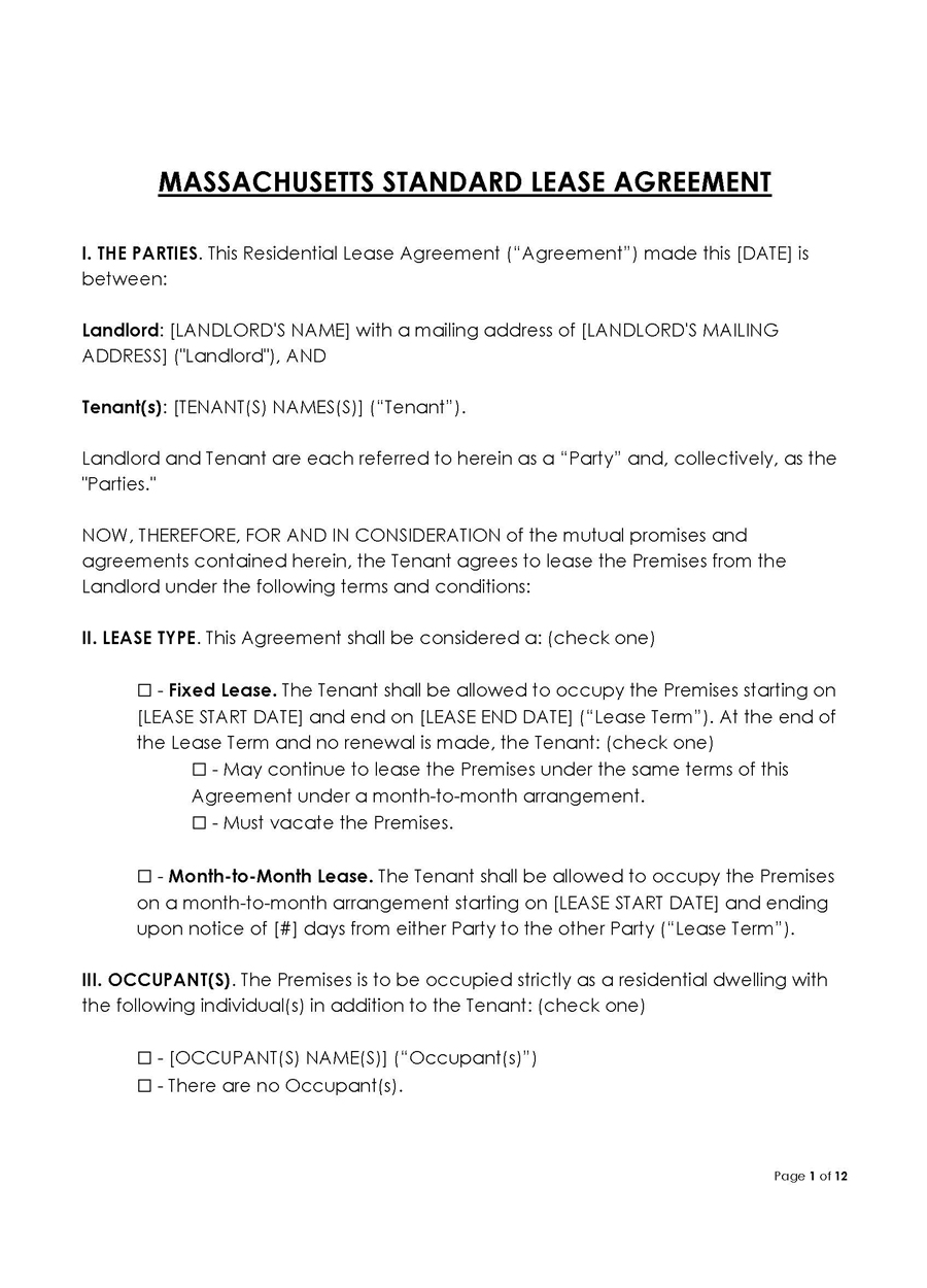 Massachusetts Standard lease agreement