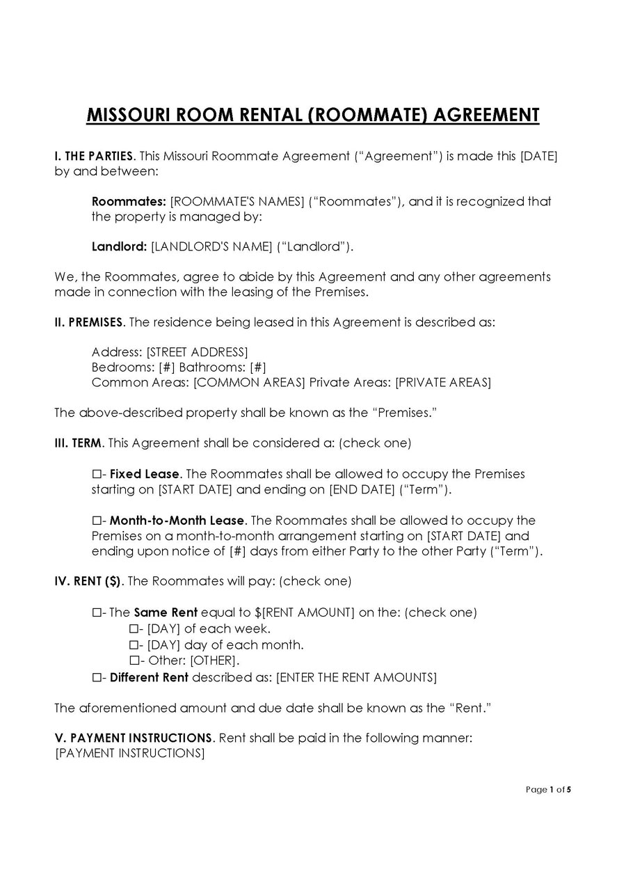 Missouri Room Rental (Roommate) Agreement