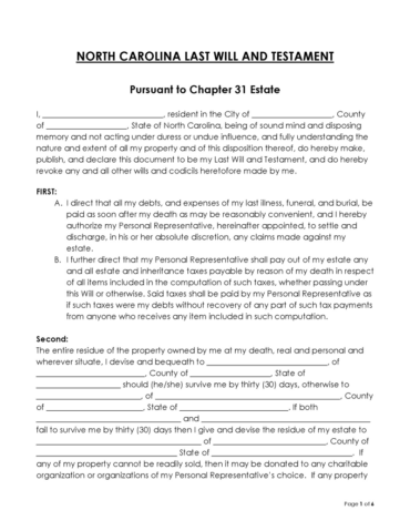 Last Will and Testament in North Carolina (Free Template)