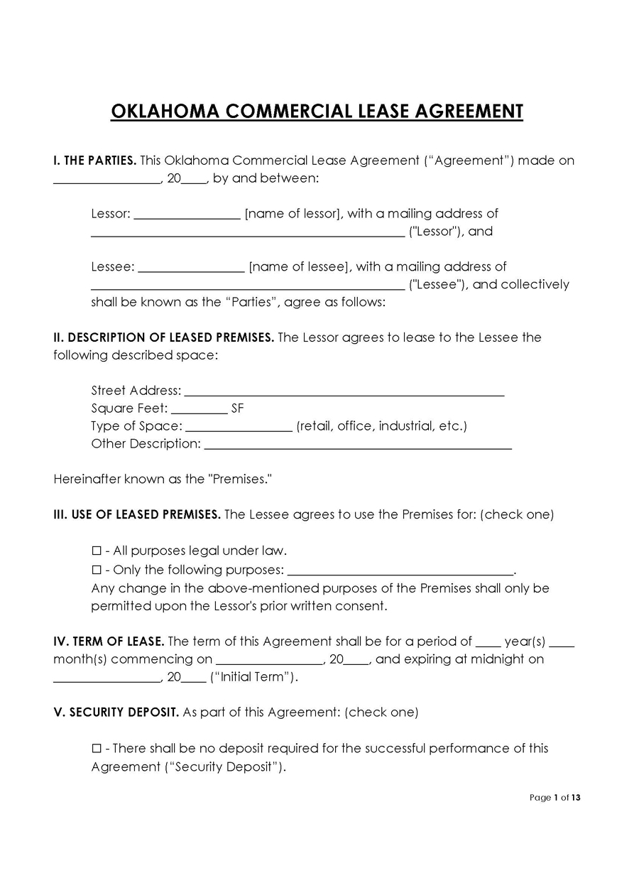 Oklahoma Commercial Lease Agreement