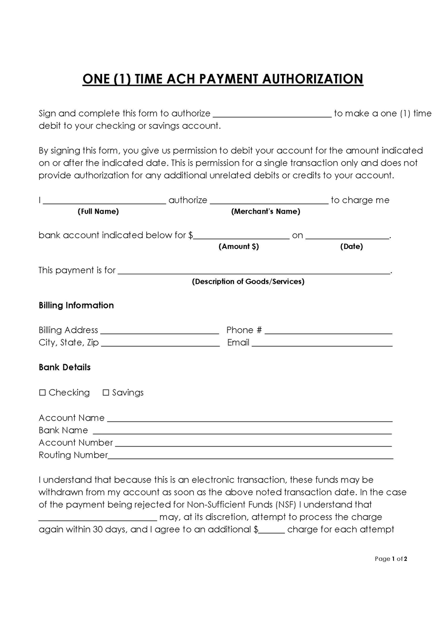 Free 1-time ACH Authorization Form Template