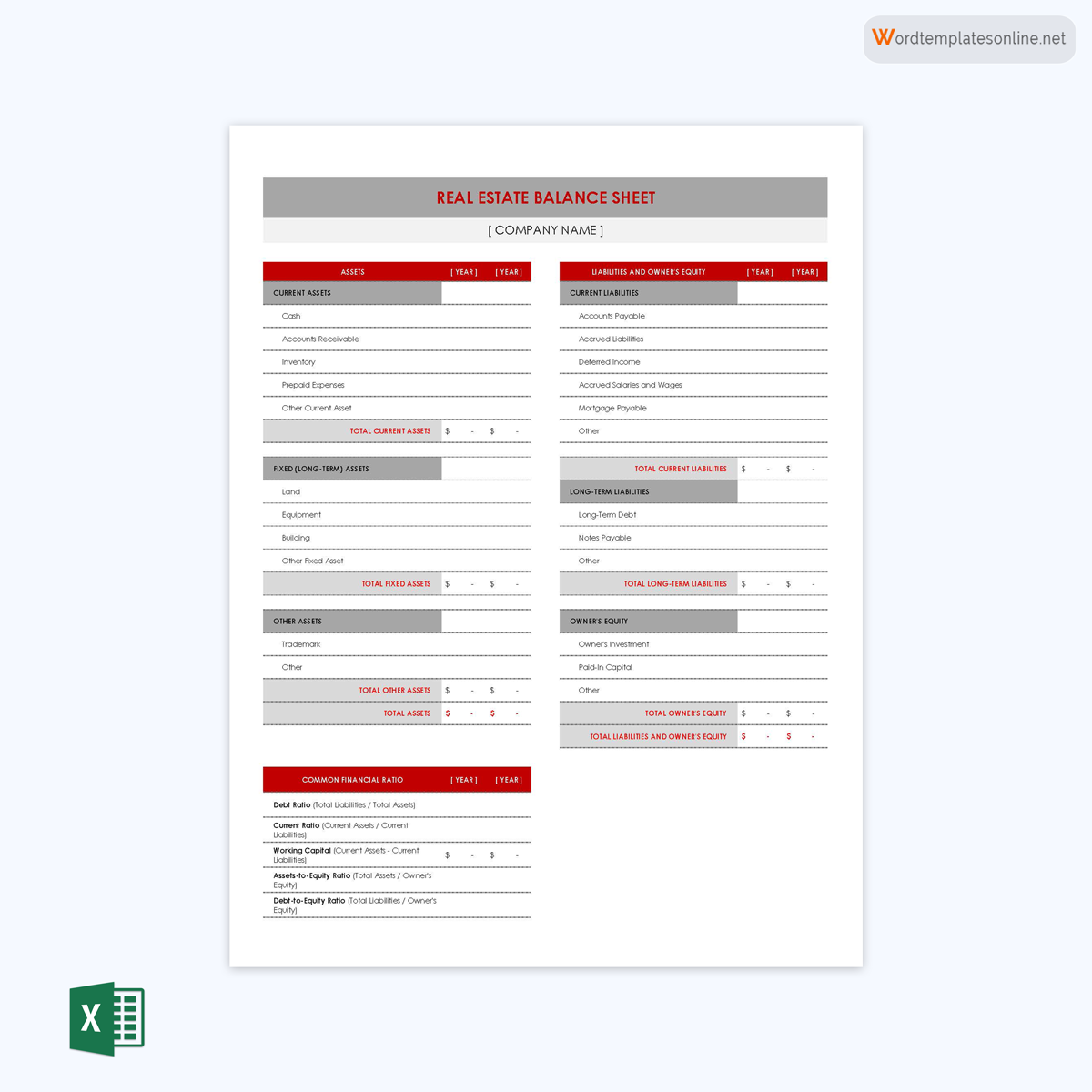 Great Editable Real Estate Balance Sheet Template 01 as Excel Sheet