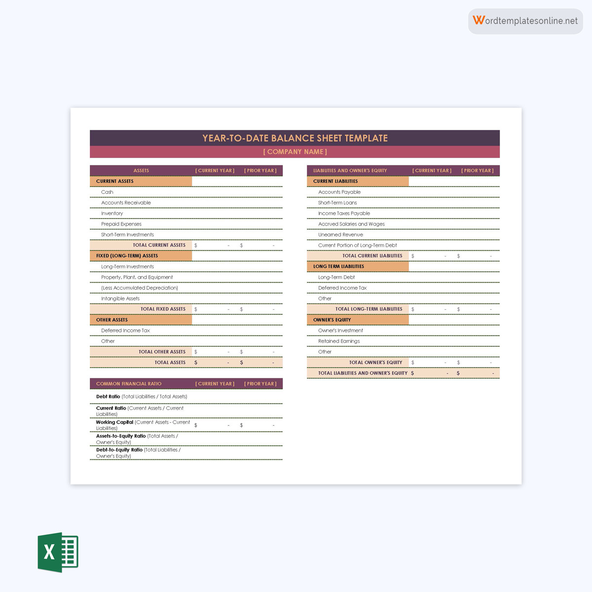 Free Editable Year to Date Balance Sheet Template 01 in Excel Format