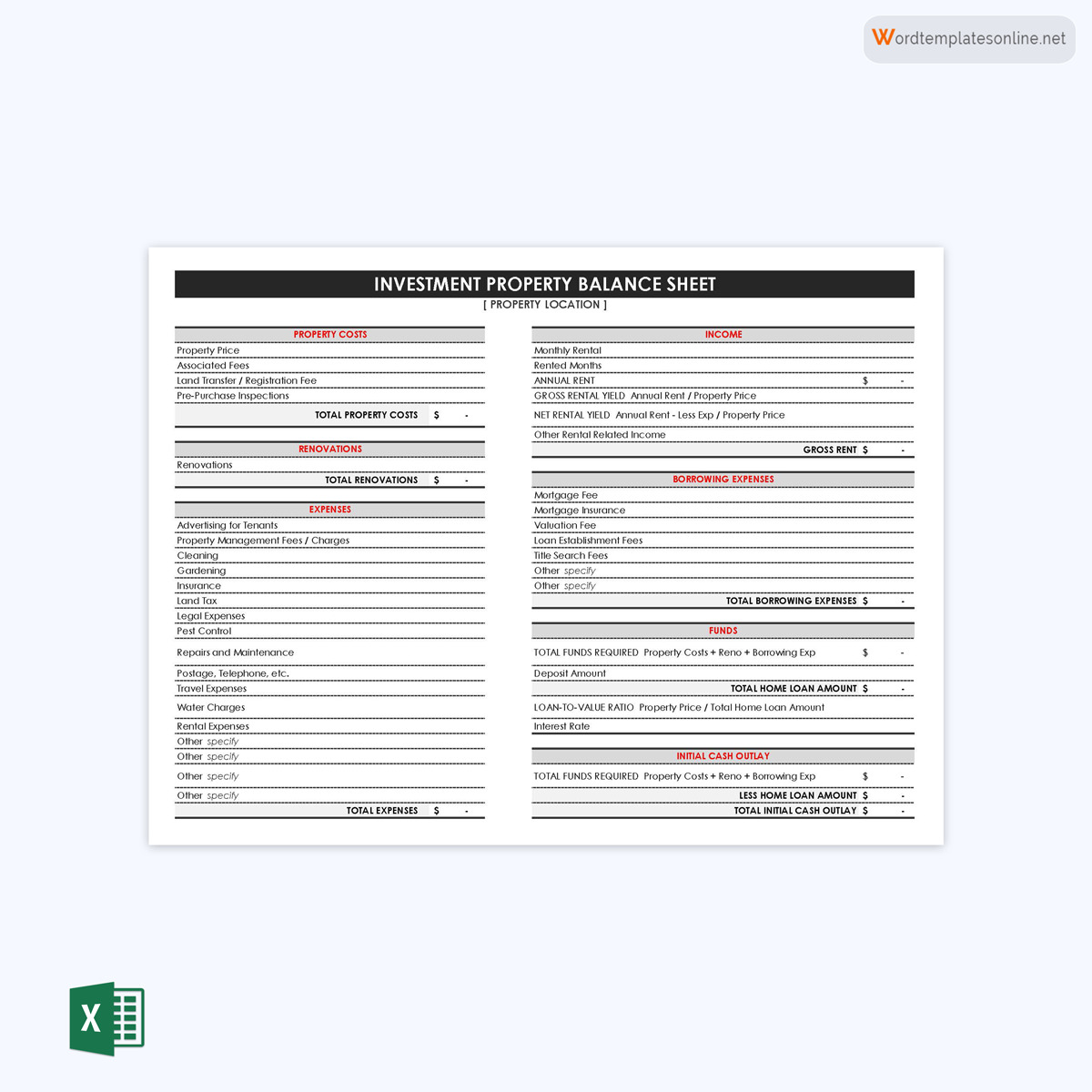 Free Editable Investment Property Balance Sheet Template 01 as Excel Sheet