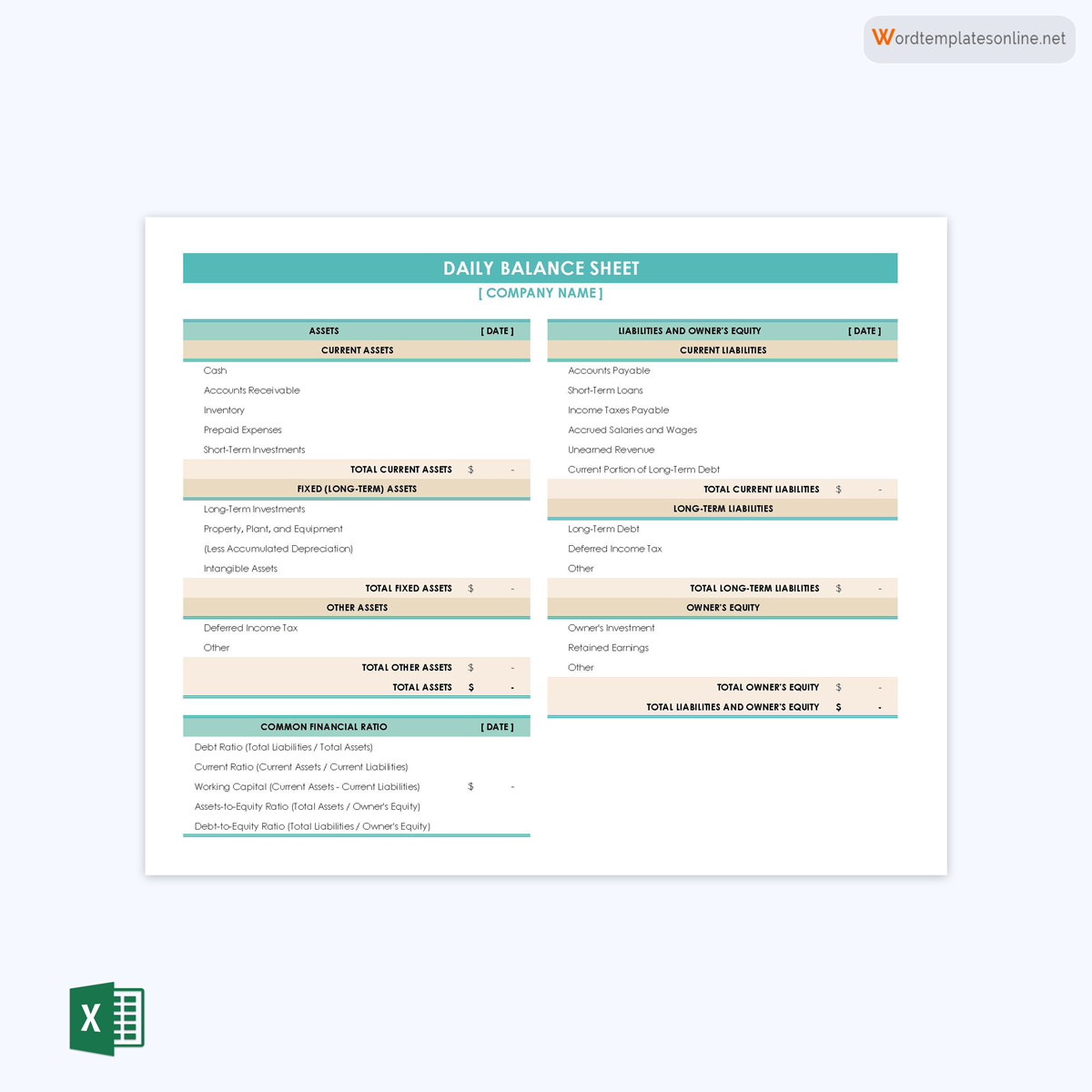 Great Professional Daily Balance Sheet Template 01 for Excel File