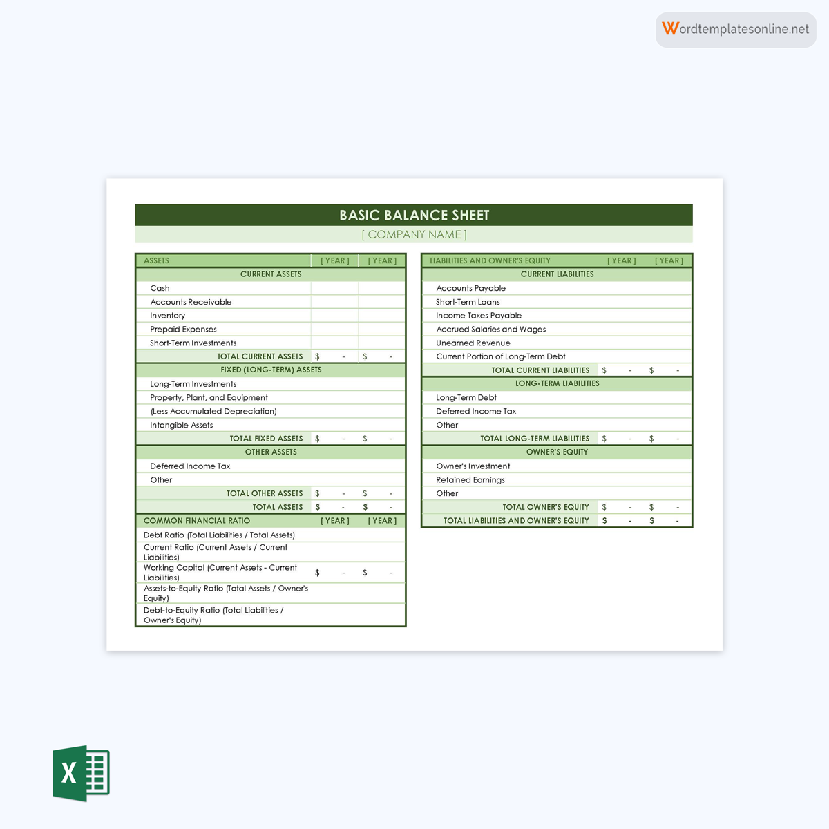 Professional Effective Basic Balance Sheet Template 01 as Excel Sheet