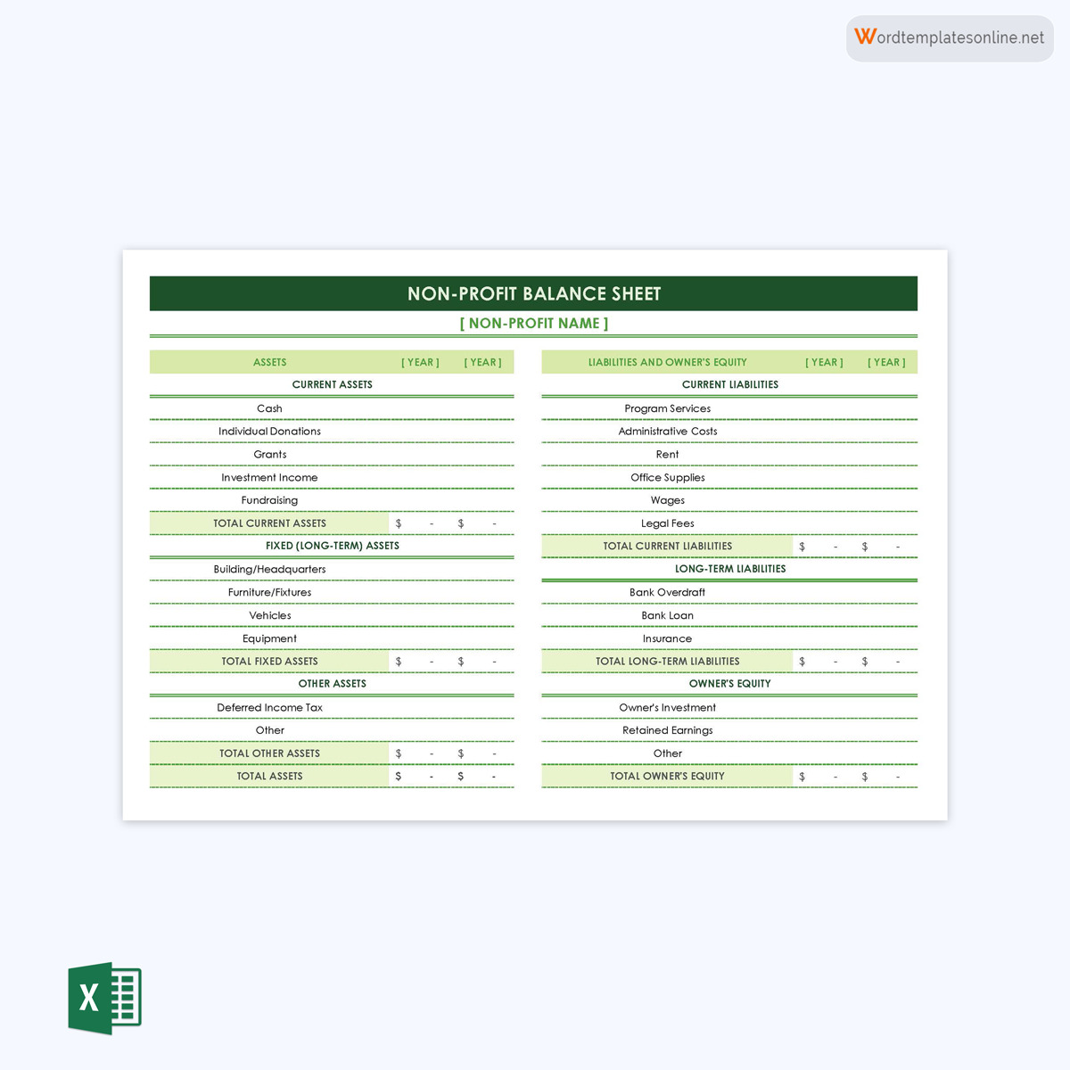 Free Fillable Non-Profit Balance Sheet Template 01 for Excel File