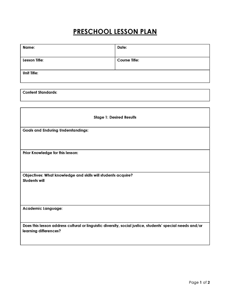 Free Preschool Lesson Plan Template 08 for Word