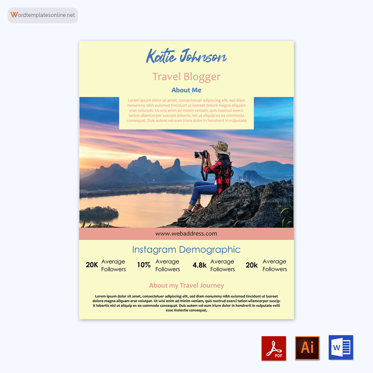 Free Customizable Travel Blogger Media Kit Template 01 for Word and Adobe Format