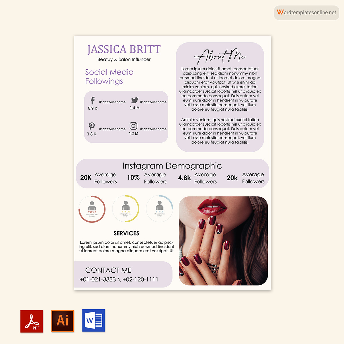 Great Downloadable Beauty and Salon Influencer Media Kit Template for Word and Adobe Format