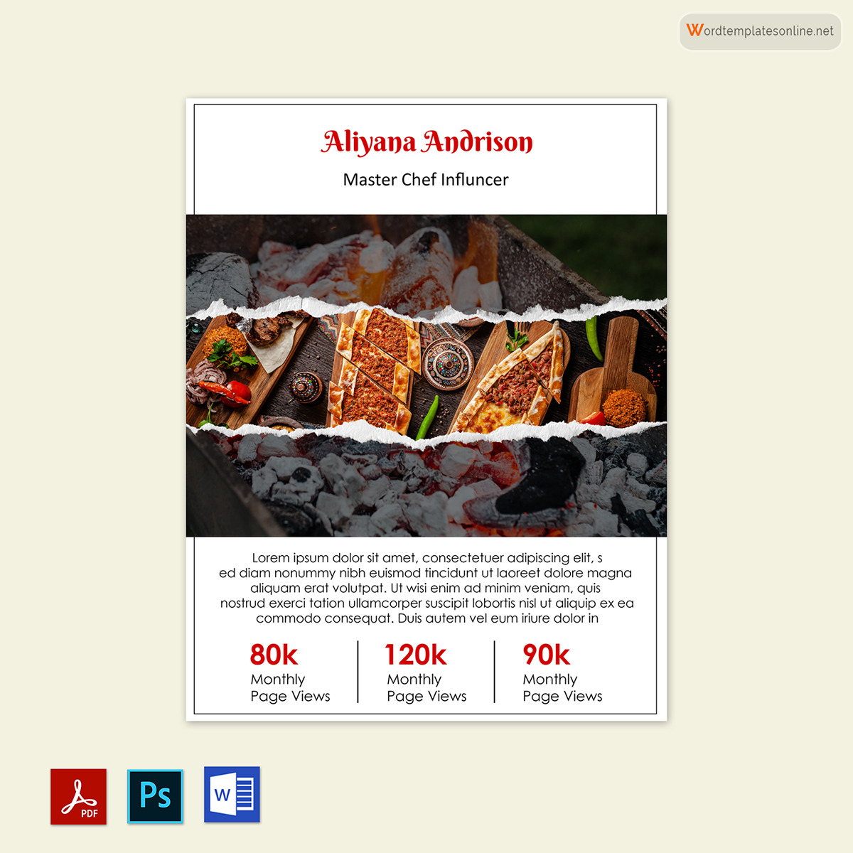 Great Downloadable Master Chef Influencer Media Kit Template for Word and Adobe Format