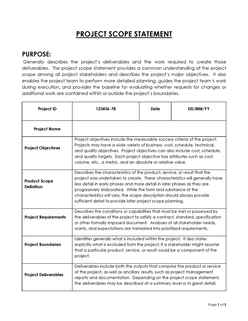 Free Downloadable Project Scope Statement Template 04 for Word Document