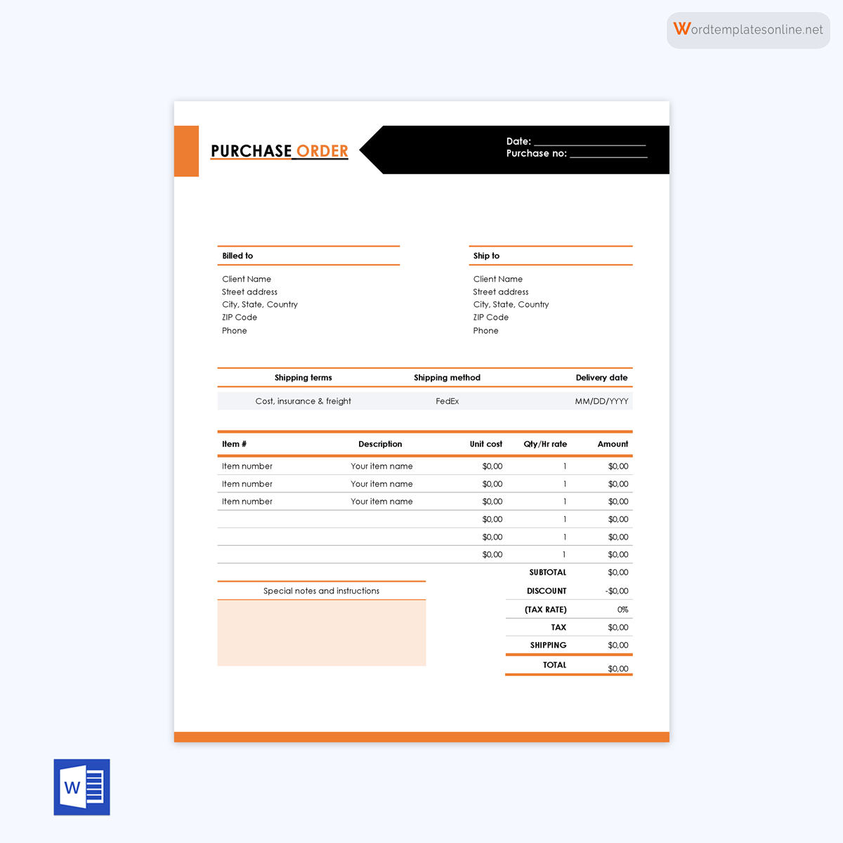 Purchase order template in Word format 04