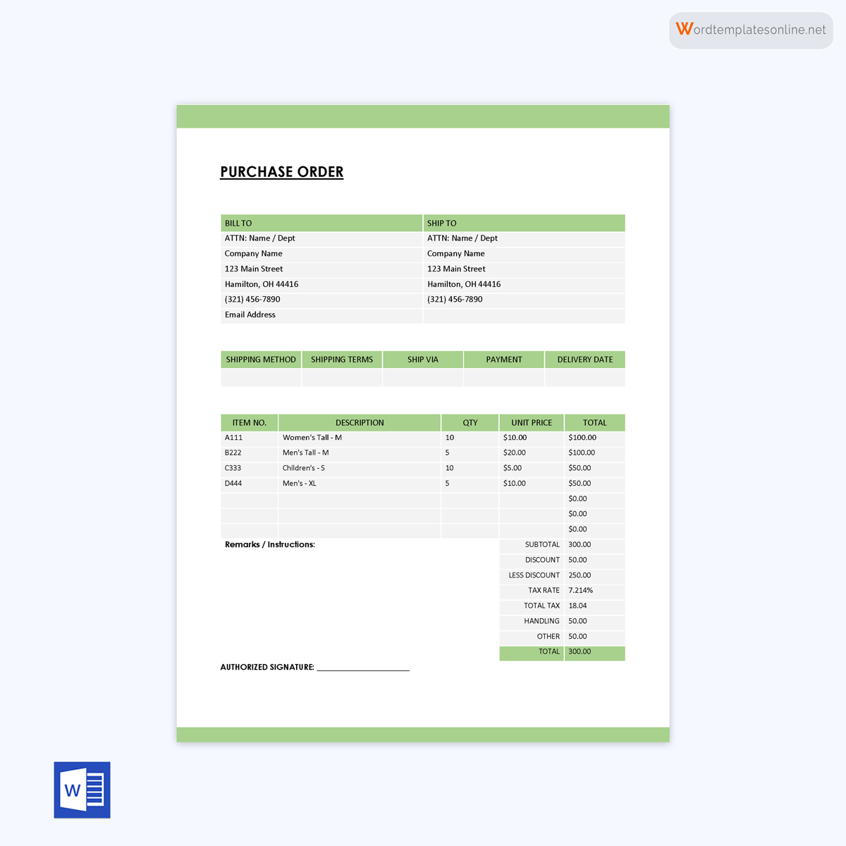 Purchase order template in Word format 09