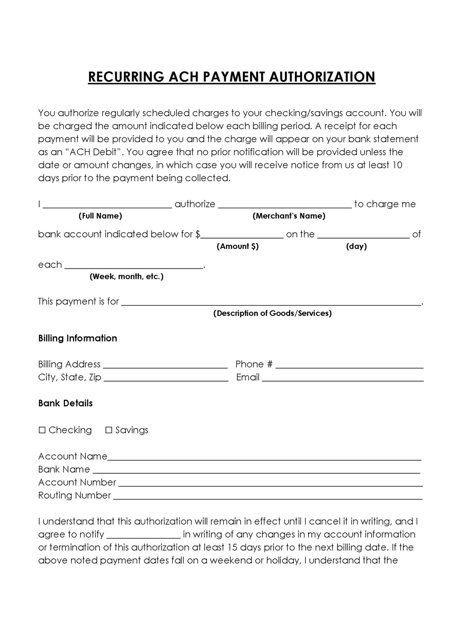 Free Recurring ACH Authorization Form Template