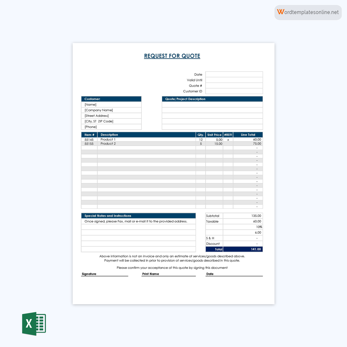 Editable Excel Format Request for Quote Sample - Download Now
