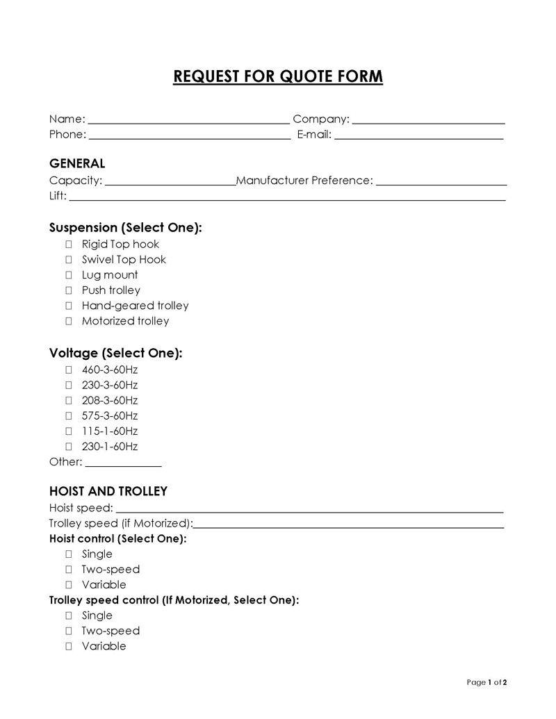 Printable Request for Quote Form - Editable Sample