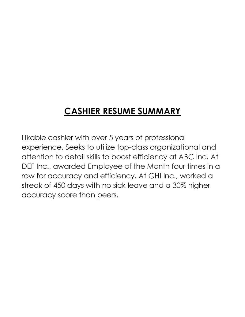 Free Downloadable Cashier Resume Summary Sample for Word Document