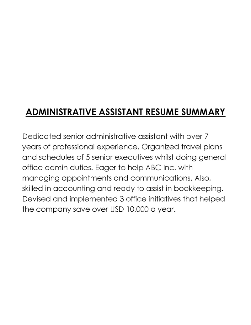 Free Downloadable Administrator Assistant Resume Summary Sample for Word Document