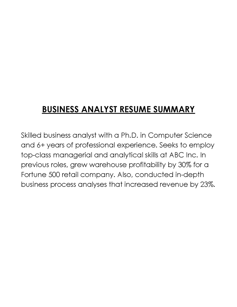 Free Downloadable Business Analyst Resume Summary Sample 02 for Word Document