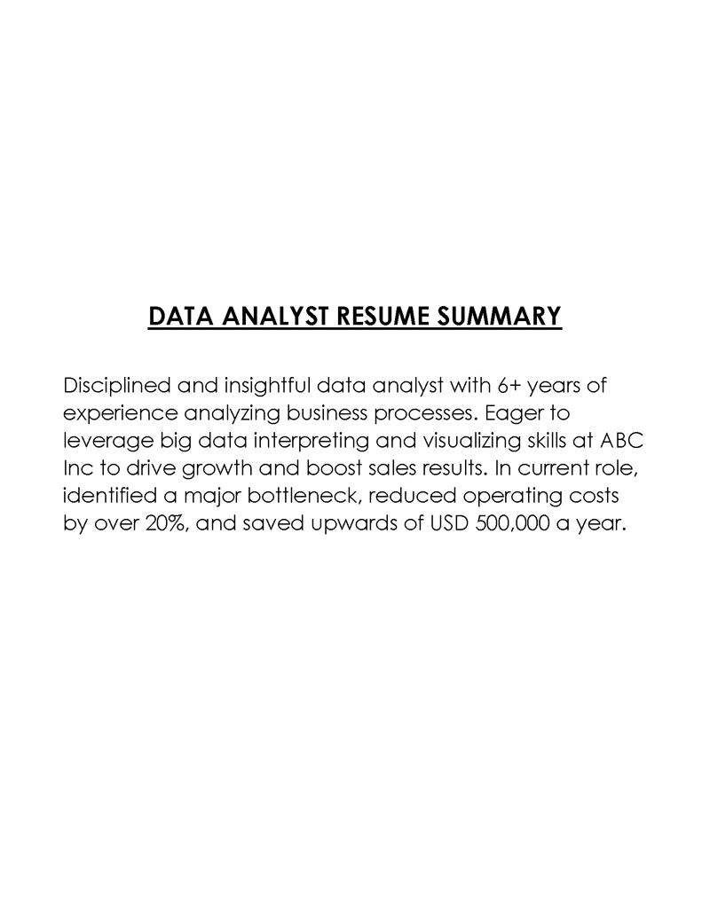 Free Customizable Data Analyst Resume Summary Sample for Word Format