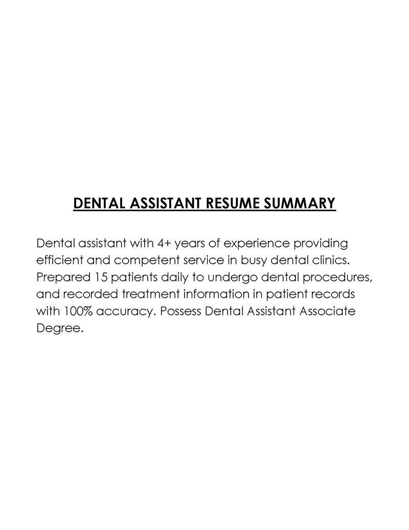 Free Customizable Dental Assistant Resume Summary Sample for Word Format