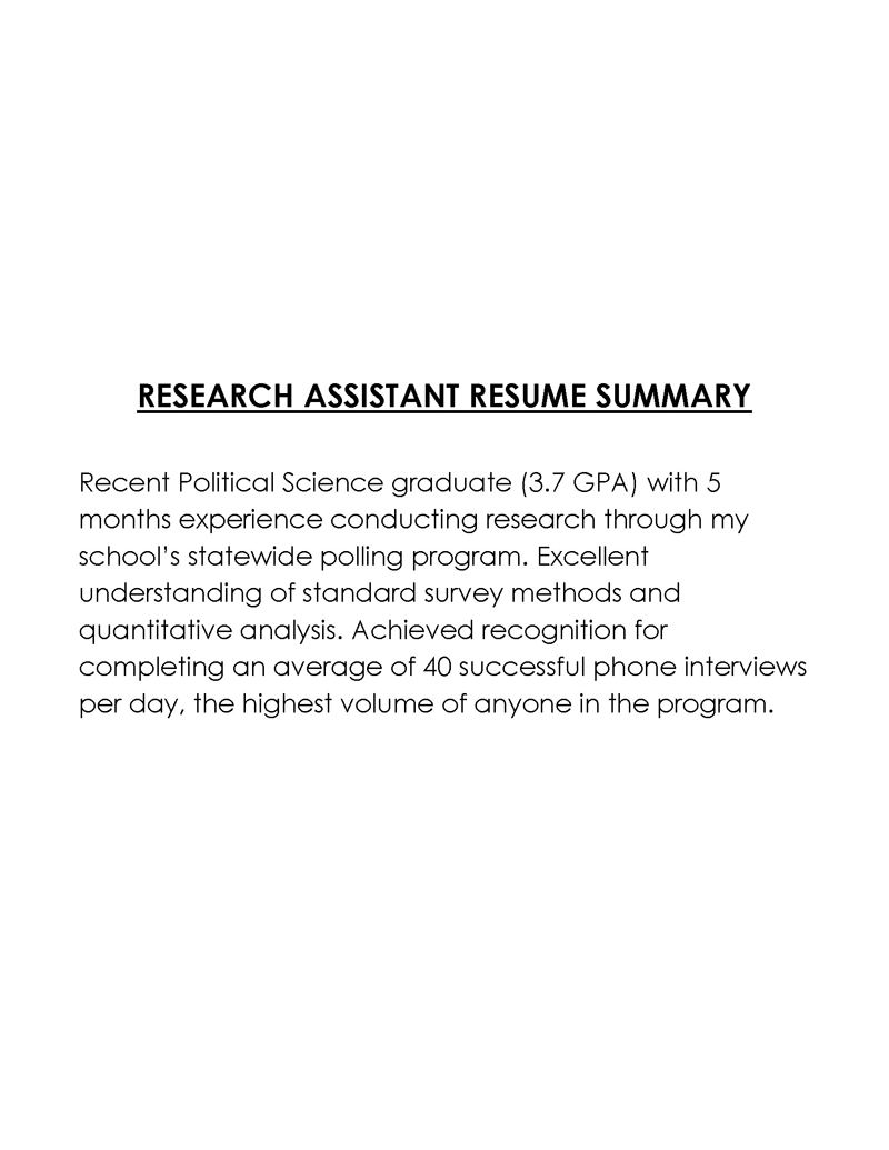 Professional Printable Research Assistant Resume Summary Sample for Word Document