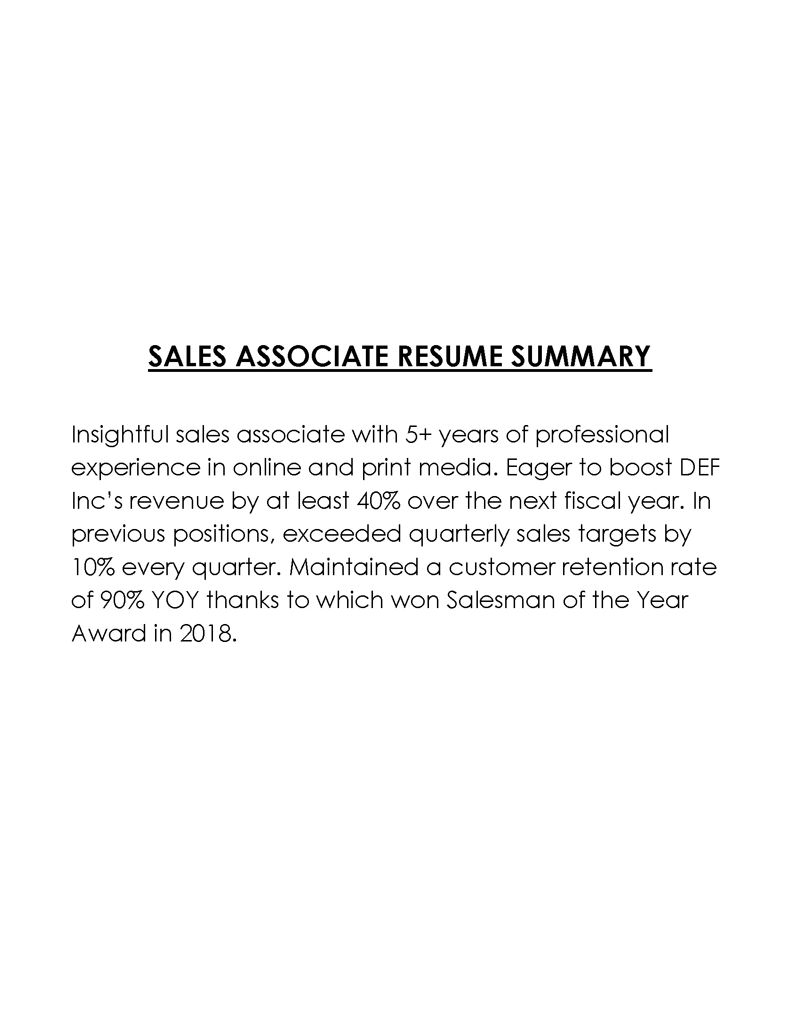 Free Comprehensive Sales Associate Resume Summary Sample for Word File