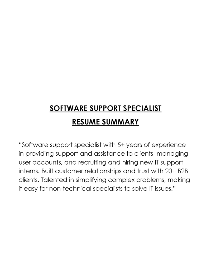 Great Professional Software Support Specialist Resume Summary Sample for Word Format