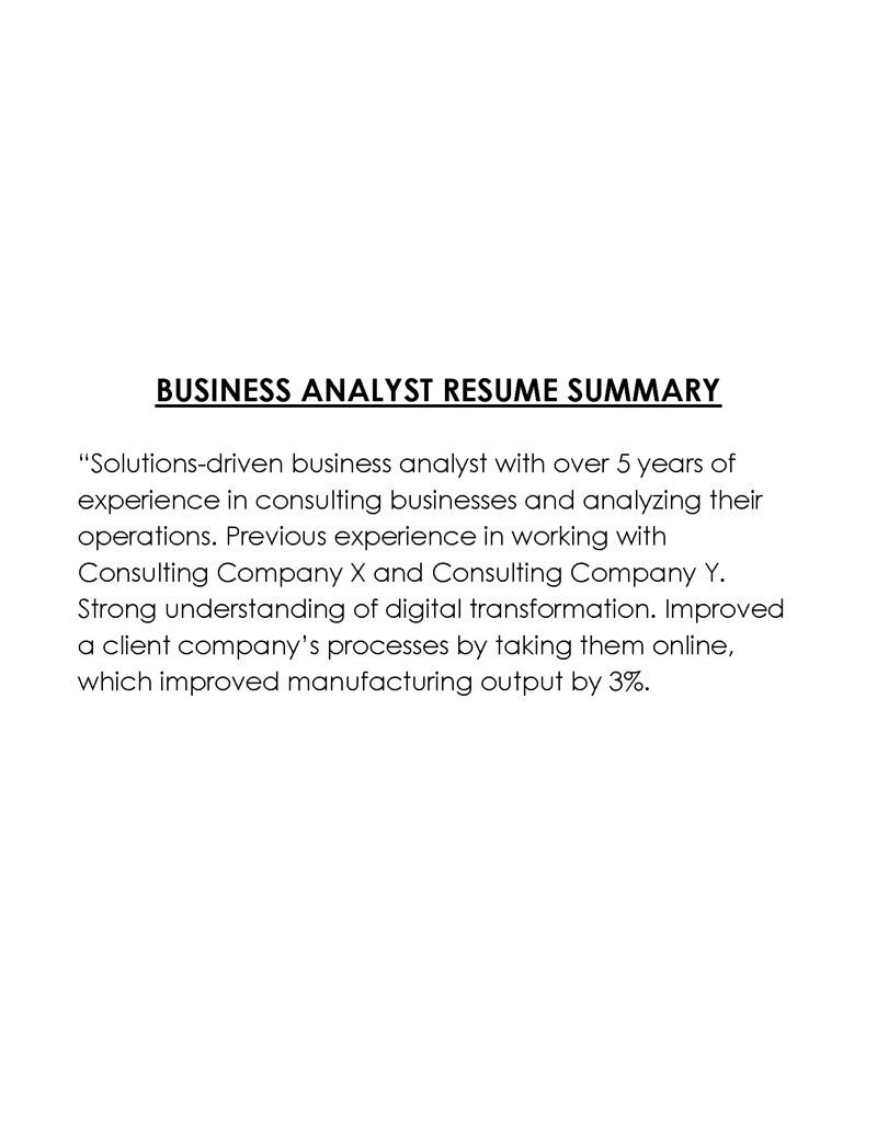 Free Downloadable Business Analyst Resume Summary Sample 01 for Word Document