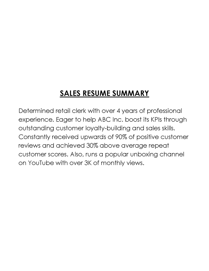 Free Comprehensive Sales Resume Summary Sample for Word File