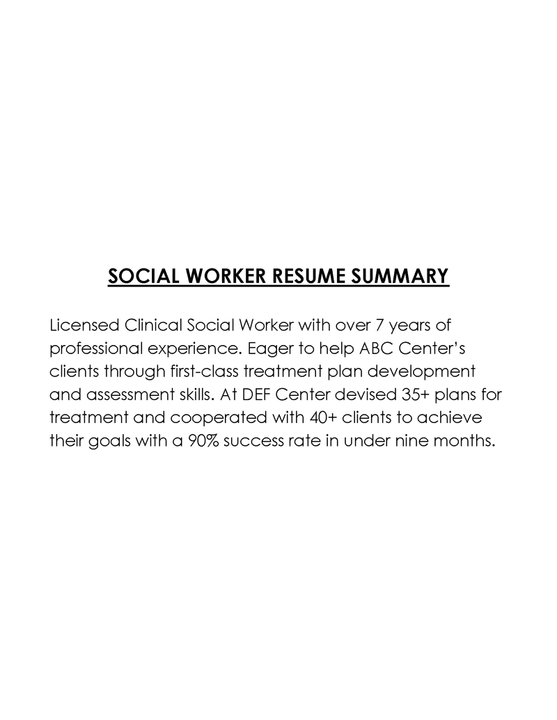 Free Comprehensive Social Worker Resume Summary Sample for Word File