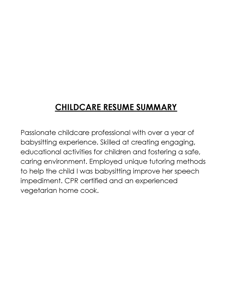 Free Customizable Childcare Resume Summary Sample for Word Format