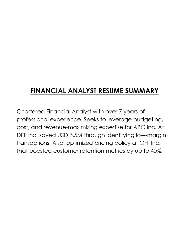 Free Printable Financial Analyst Resume Summary Sample for Word Format