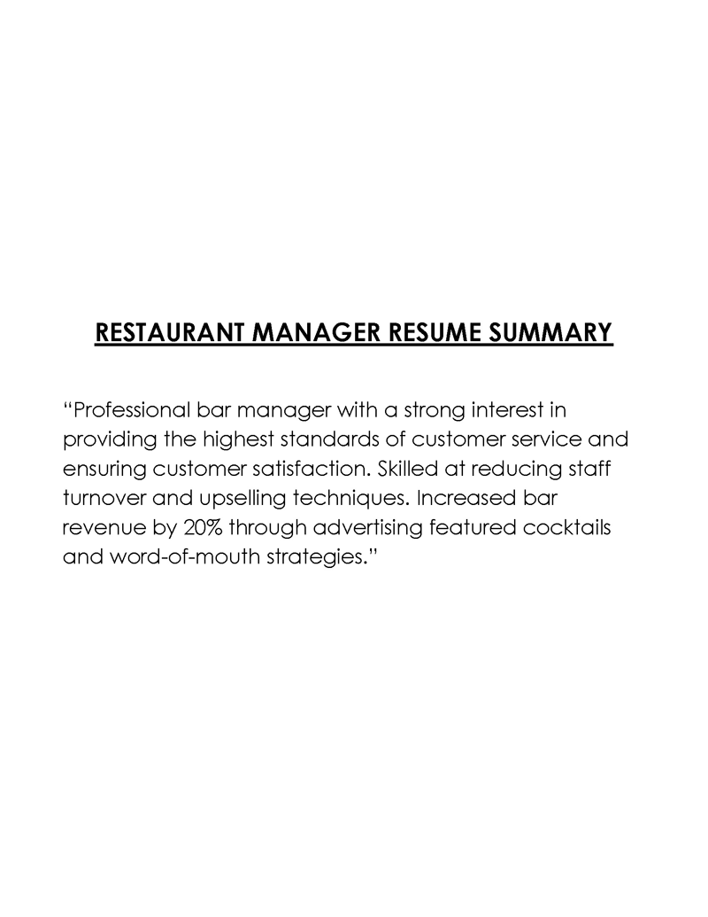 Professional Printable Restaurant Manager Resume Summary Sample 01 for Word Document