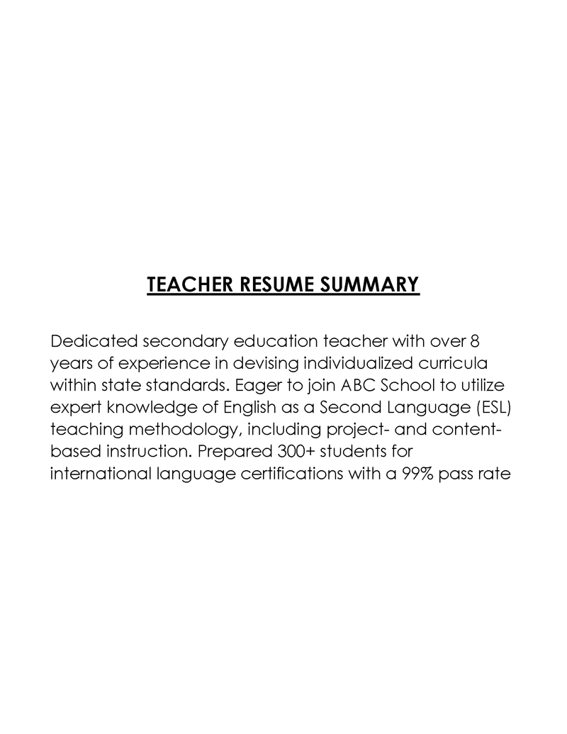 Great Professional Teacher Resume Summary Sample for Word Format