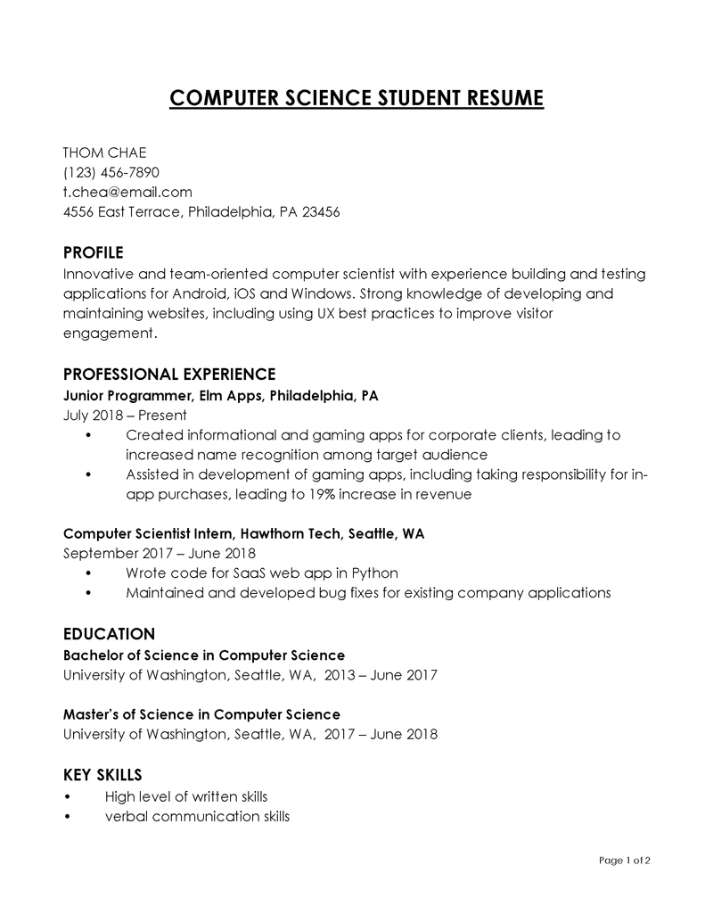 computer science resume template word