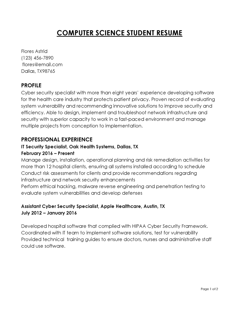 Great Customizable IT Security Specialist Computer Science Resume Sample for Word File